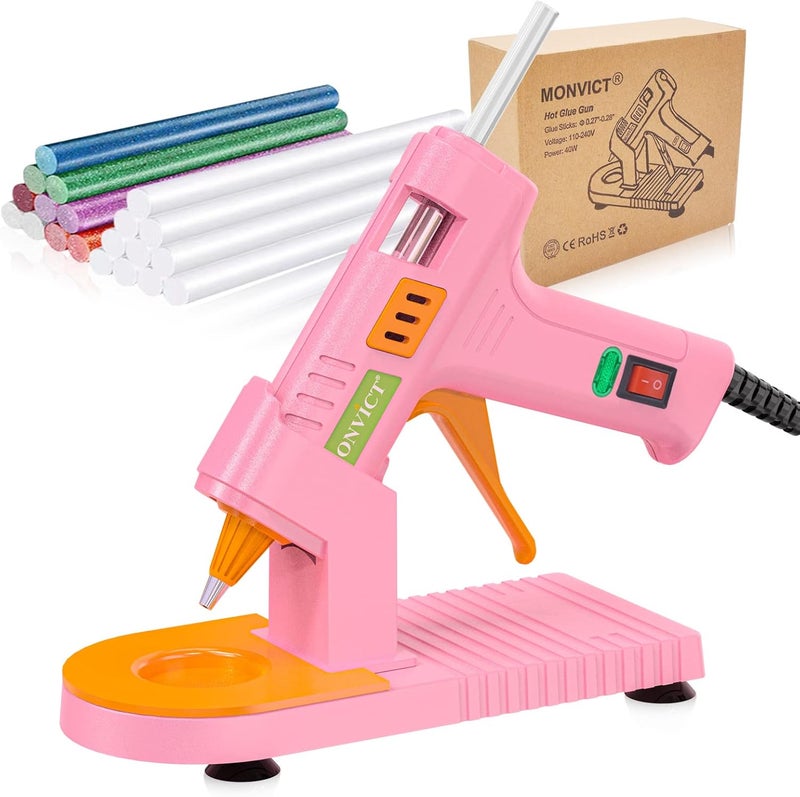 MONVICT Pink Hot Glue Gun Kit, Mini Glue Gun with Suction Cups Stand Anti Stick Silicone Mat, Hot Melt Glue Gun with Fine Tip & 30 Glue Sticks, On/Off Switch Design for DIY, Craft, Home School Project - Image 1